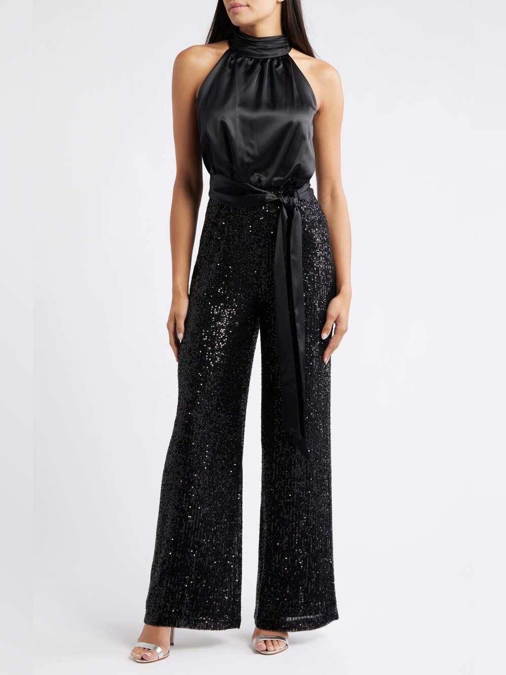 Eliza J Mixed Media Satin & Sequin Jumpsuit Size 8 Black
